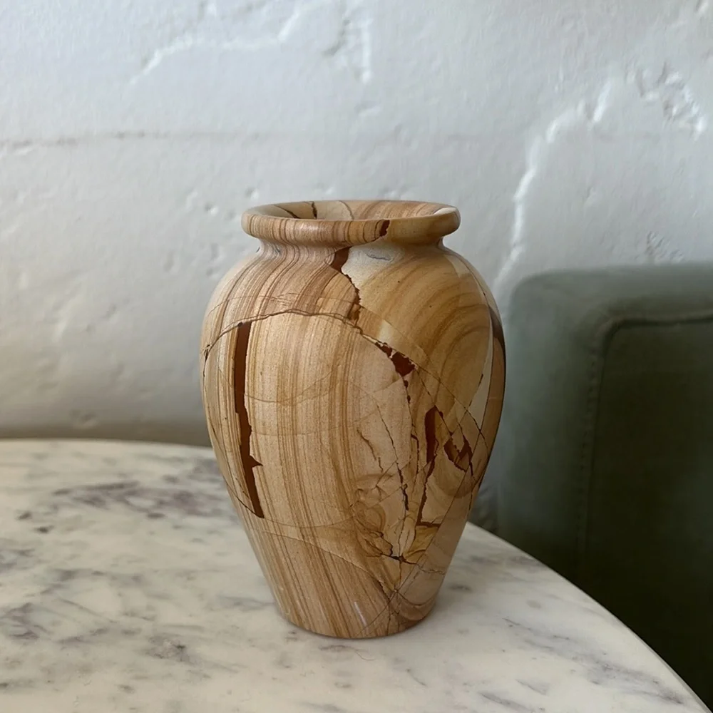 Vintage heavy small stone vase tan beige